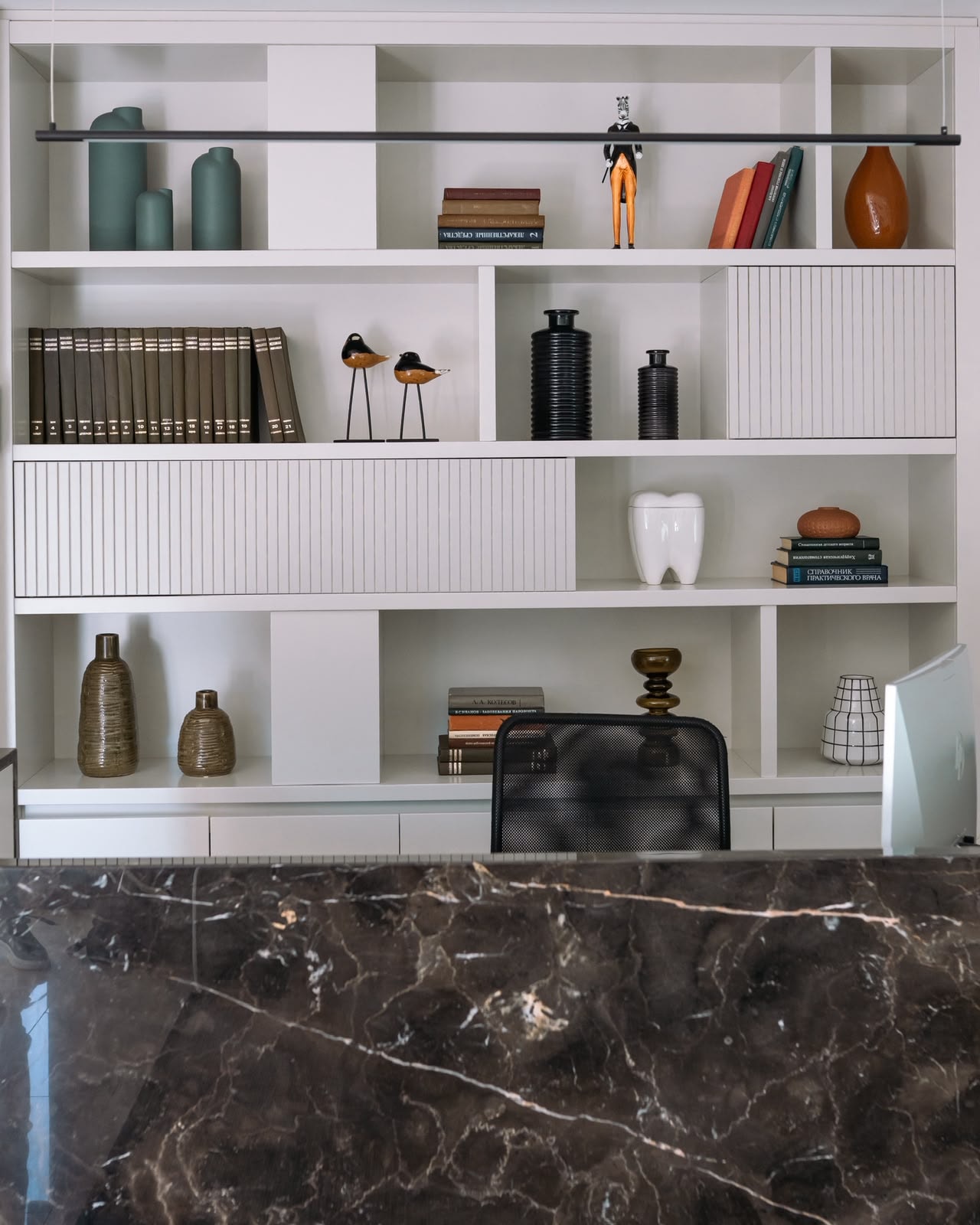 White shelving above the marble, with books and a ceramic tooth