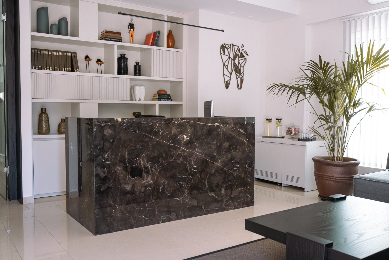 The reception of the practice — a dark marble desk against bright white shelving