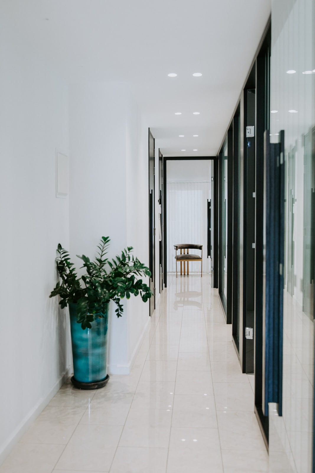 The corridor to the treatment rooms, with a planted urn at its mouth